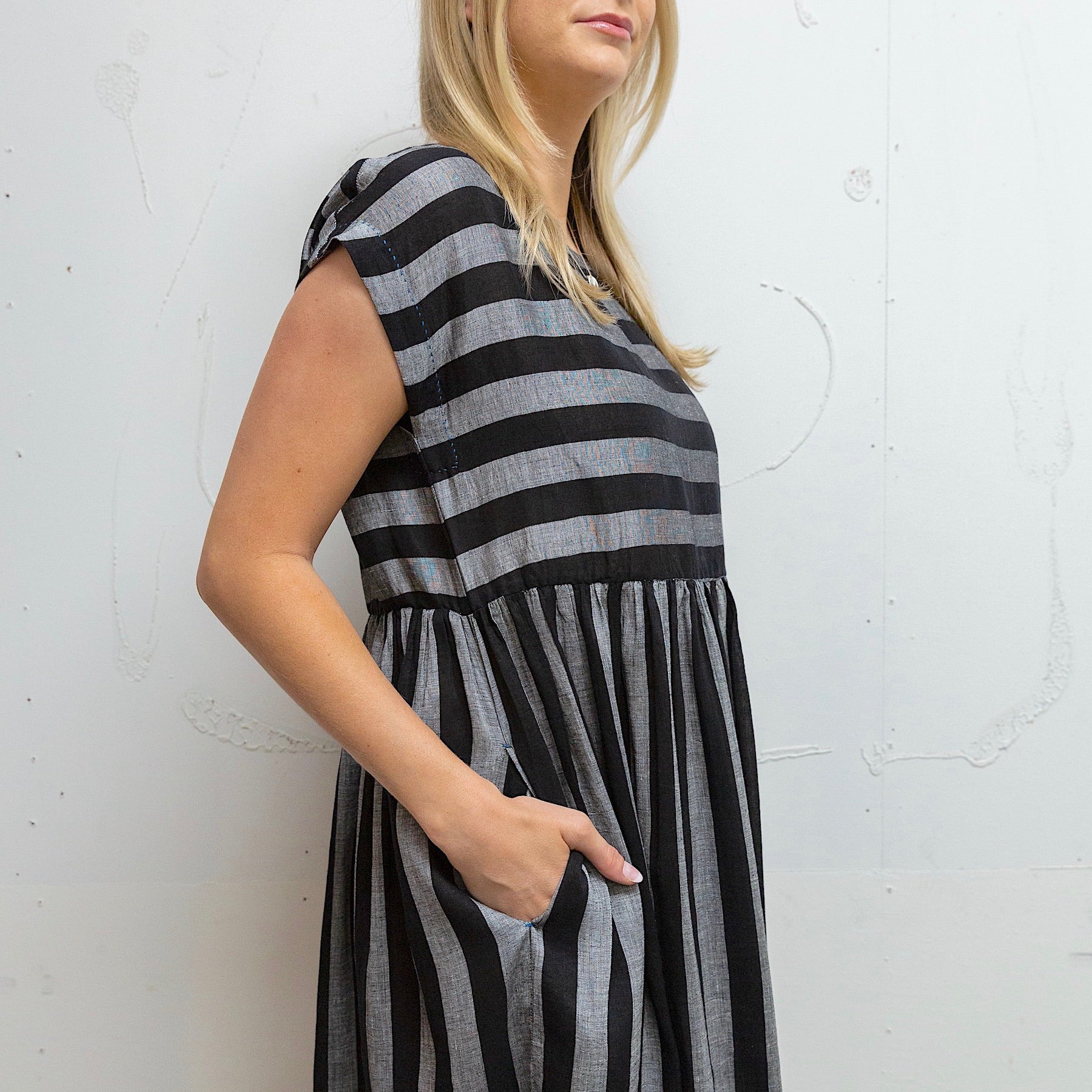 black and grey striped dress Black&White 1970s Striped Ruched Spaghetti Strap Dress main image 0